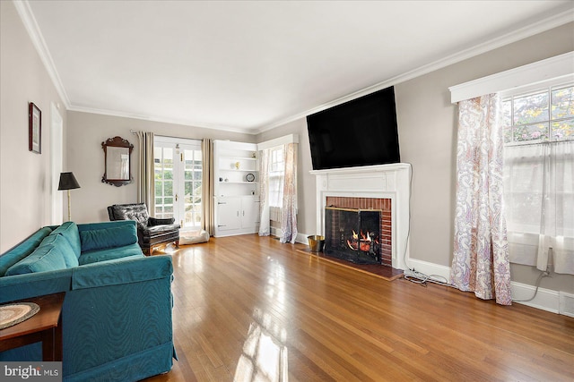 living room with a fireplace, a wealth of natural light, and light hardwood / wood-style flooring