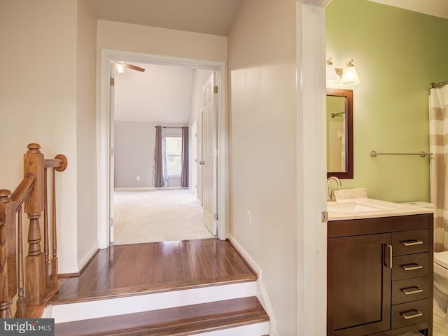 bathroom featuring toilet, wood finished floors, vanity, baseboards, and vaulted ceiling