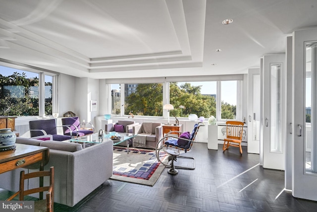 living room with a raised ceiling