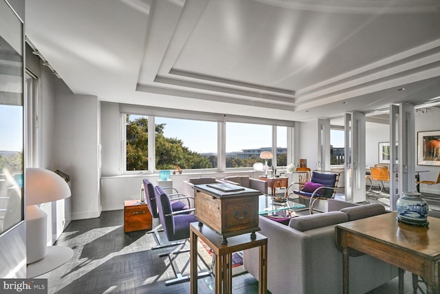 living room featuring a raised ceiling