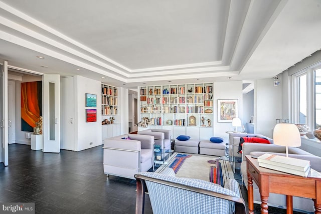 living room with a raised ceiling