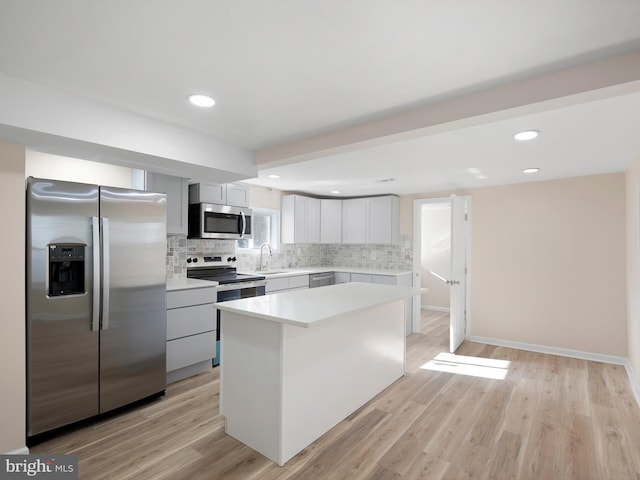 kitchen featuring stainless steel appliances, light wood-type flooring, decorative backsplash, white cabinets, and a center island