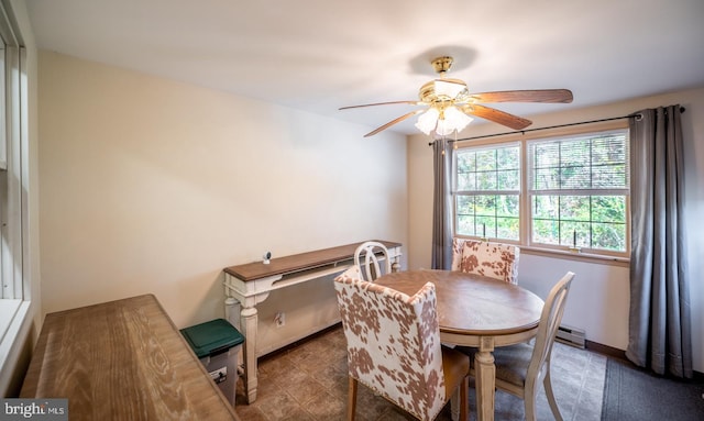 dining area with baseboard heating and ceiling fan