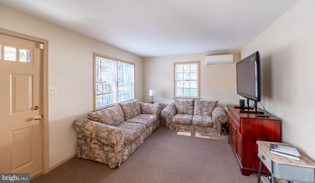 carpeted living room featuring an AC wall unit