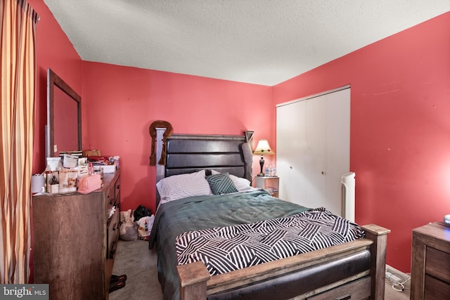 bedroom with carpet flooring, a textured ceiling, and a closet