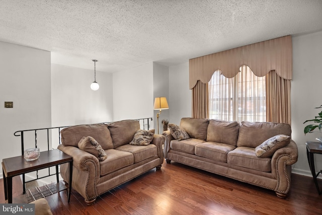 living room with a textured ceiling and dark hardwood / wood-style flooring