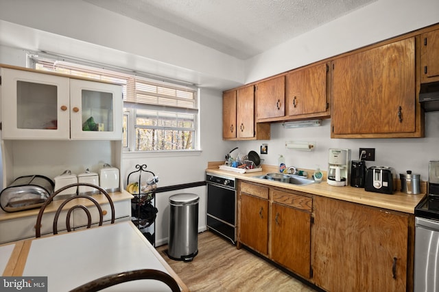 kitchen with sink, a textured ceiling, stainless steel range with electric cooktop, light hardwood / wood-style flooring, and black dishwasher