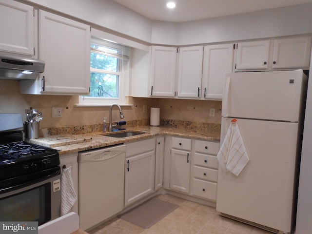 603 Bloomfield Dr, Westampton, NJ 08060 - kitchen featuring white appliances, a sink, white cabinets, light stone countertops, and under cabinet range hood