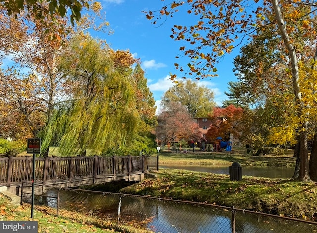 view of home's community with a water view