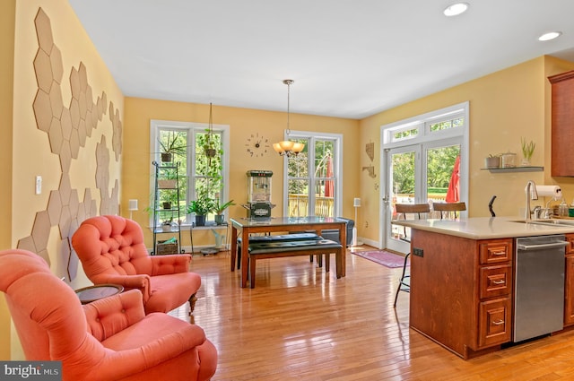 kitchen featuring stainless steel dishwasher, light hardwood / wood-style flooring, sink, and decorative light fixtures