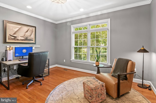 office featuring ornamental molding, hardwood / wood-style floors, and a wealth of natural light