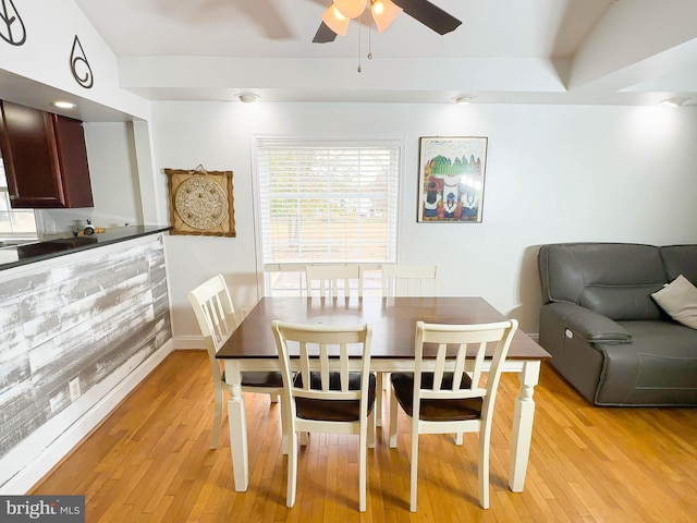 dining area featuring ceiling fan and light hardwood / wood-style flooring