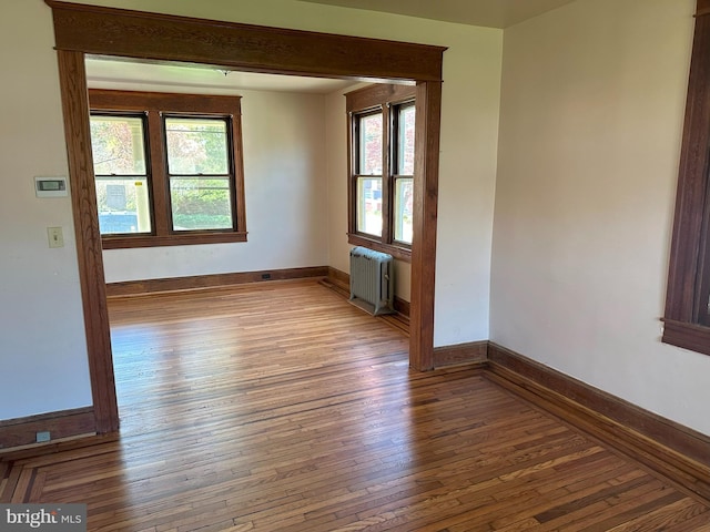 spare room featuring radiator, light wood-type flooring, and plenty of natural light