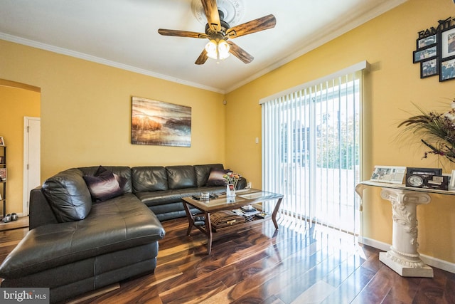 living room featuring ornamental molding, ceiling fan, and dark hardwood / wood-style floors