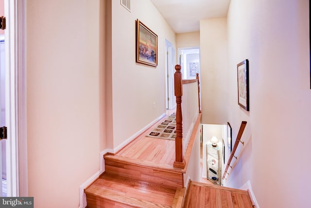 stairway with hardwood / wood-style flooring