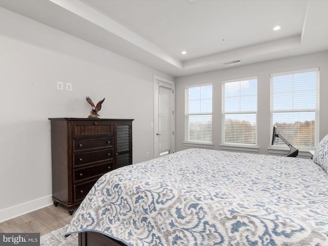 bedroom with a raised ceiling, multiple windows, and light hardwood / wood-style floors