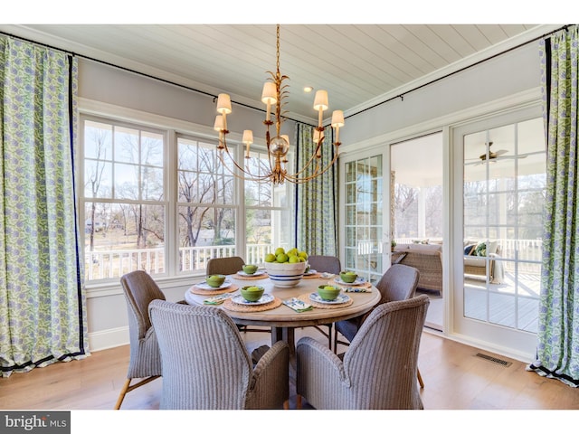 dining area with light wood-type flooring, ceiling fan with notable chandelier, and wood ceiling