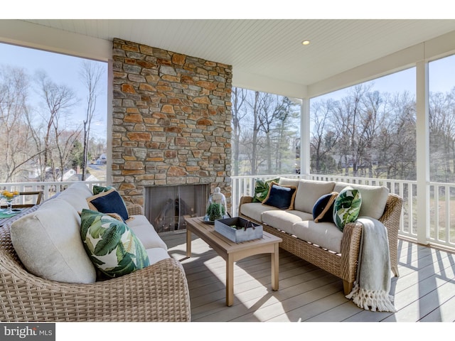 exterior space with an outdoor stone fireplace