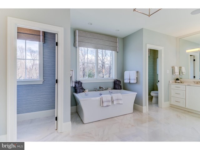 bathroom with vanity, a tub, plenty of natural light, and toilet