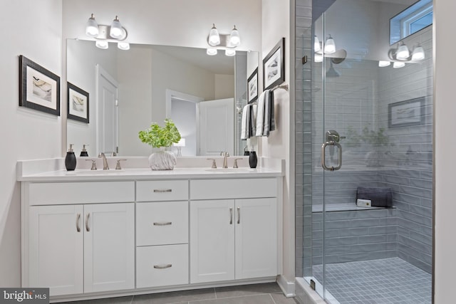 bathroom featuring walk in shower, vanity, and tile patterned floors