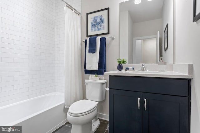 full bathroom with toilet, shower / tub combo, vanity, and tile patterned flooring