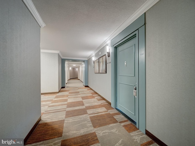 corridor with a textured ceiling and ornamental molding