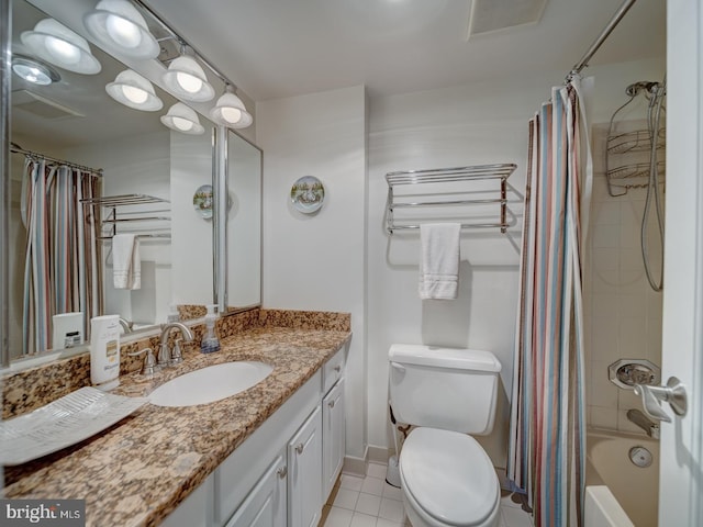 full bathroom with shower / bathtub combination with curtain, vanity, toilet, and tile patterned floors