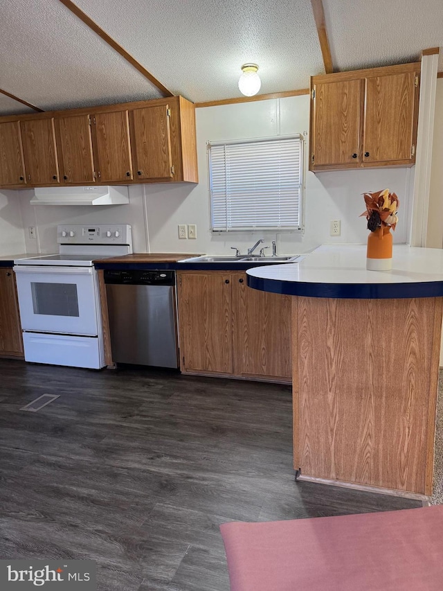 kitchen featuring beam ceiling, dark hardwood / wood-style flooring, stainless steel dishwasher, range with electric stovetop, and a textured ceiling