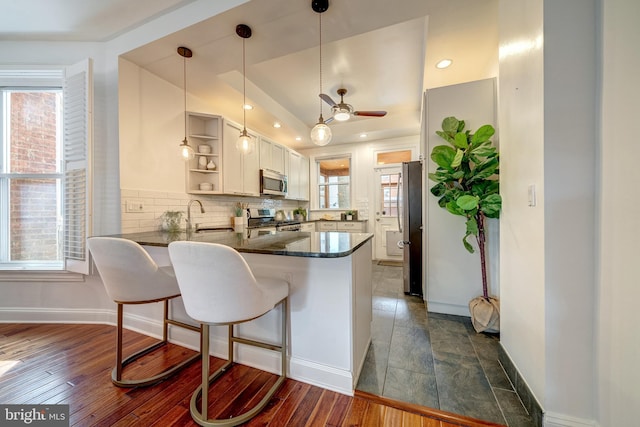 kitchen with kitchen peninsula, stainless steel appliances, a healthy amount of sunlight, and dark hardwood / wood-style flooring