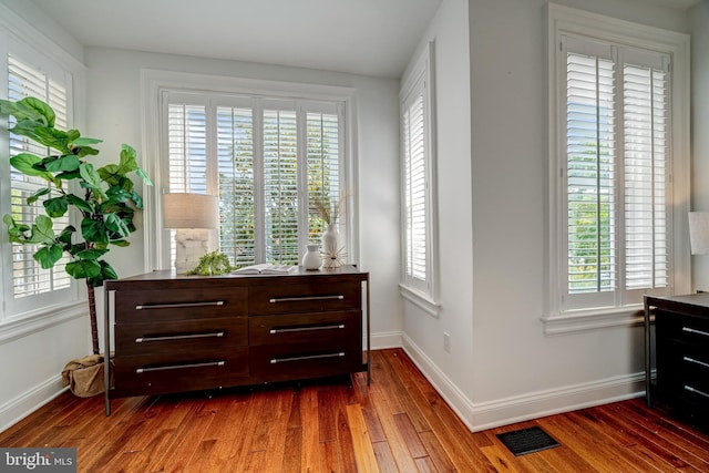 sitting room with dark hardwood / wood-style flooring and plenty of natural light