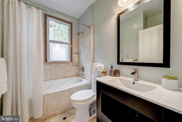 full bathroom with tile patterned flooring, vanity, toilet, and shower / bath combination with curtain