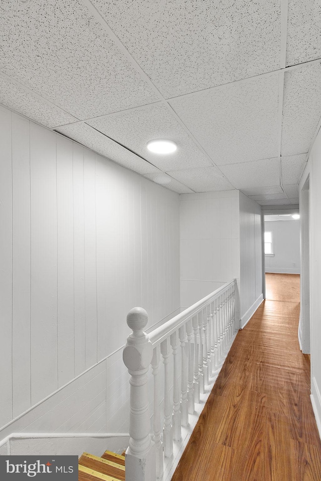 hallway featuring wood walls, wood-type flooring, and a drop ceiling