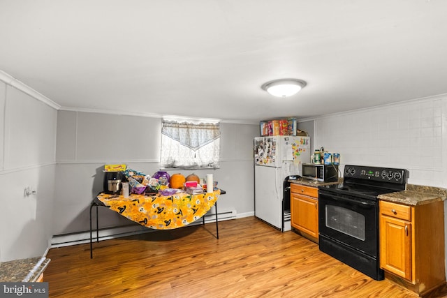 kitchen featuring crown molding, white refrigerator, a baseboard radiator, black range with electric stovetop, and light hardwood / wood-style flooring