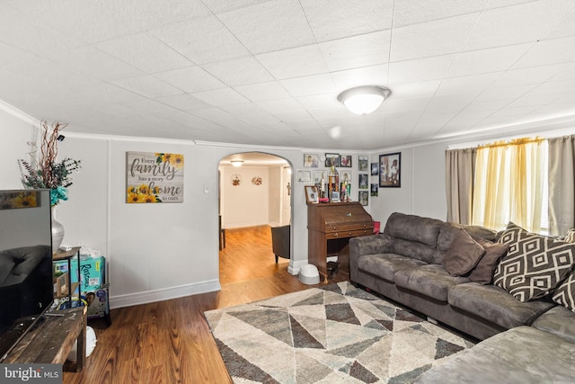 living room featuring ornamental molding and hardwood / wood-style flooring