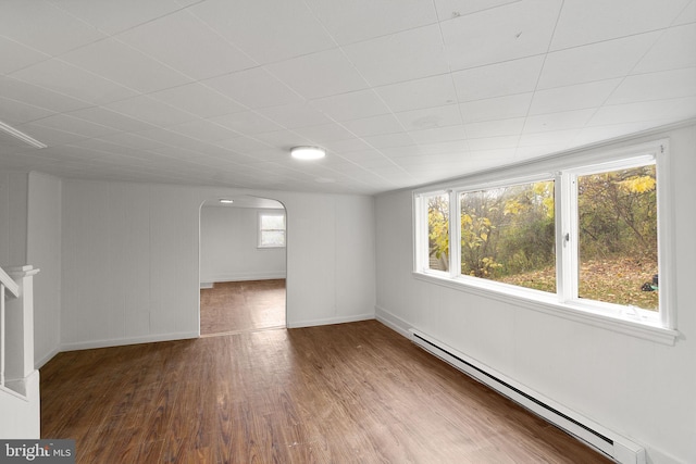 spare room with baseboard heating and dark hardwood / wood-style floors