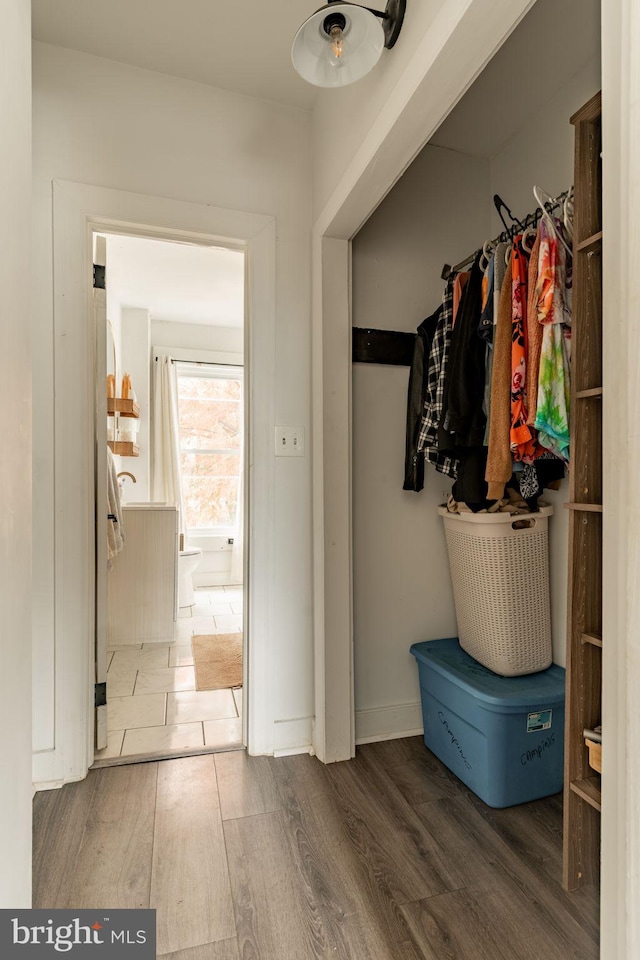 interior space with dark hardwood / wood-style floors