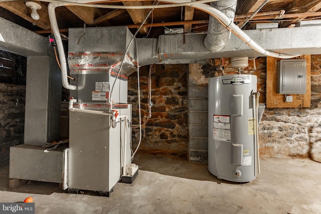 utility room with electric panel and water heater