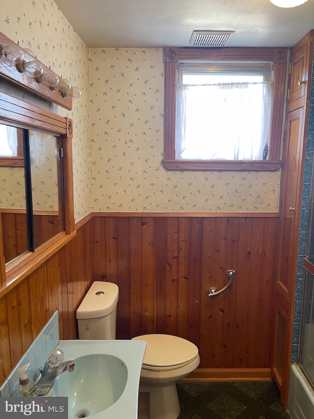 bathroom featuring vanity, toilet, and wooden walls