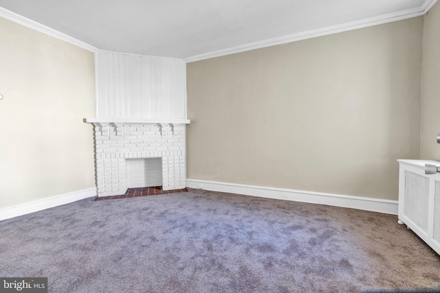 unfurnished living room featuring a fireplace, radiator heating unit, carpet floors, and ornamental molding