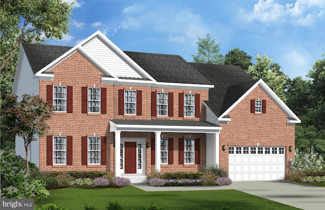 colonial inspired home featuring a front yard and a garage