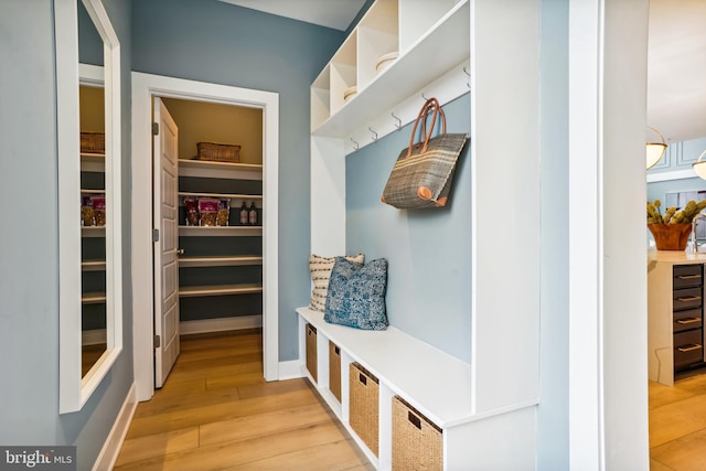 mudroom with light hardwood / wood-style flooring