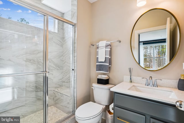 bathroom featuring vanity, a shower with door, a healthy amount of sunlight, and toilet