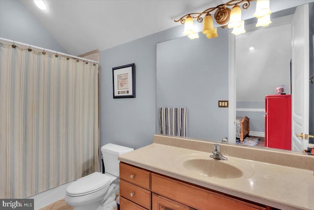 full bathroom featuring vanity, toilet, lofted ceiling, and shower / tub combo