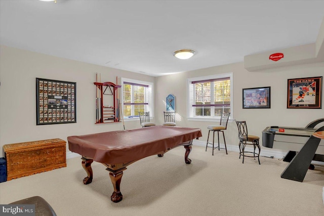 rec room with a wealth of natural light, billiards, and carpet