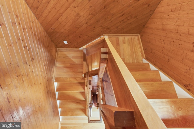 staircase with hardwood / wood-style floors, wood walls, wood ceiling, and lofted ceiling