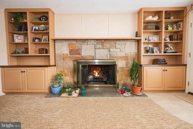 room details with a fireplace and tile patterned floors