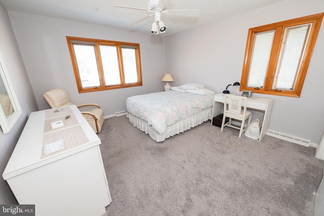 bedroom featuring carpet, a baseboard radiator, and ceiling fan