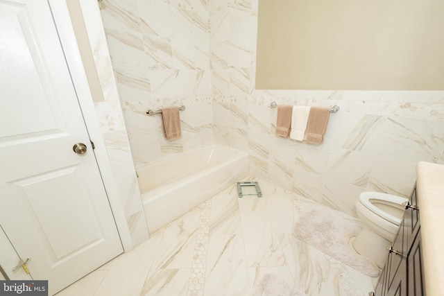 bathroom with shower / washtub combination, toilet, and tile walls