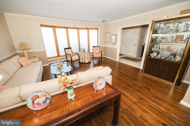 living room with wood-type flooring and ornamental molding