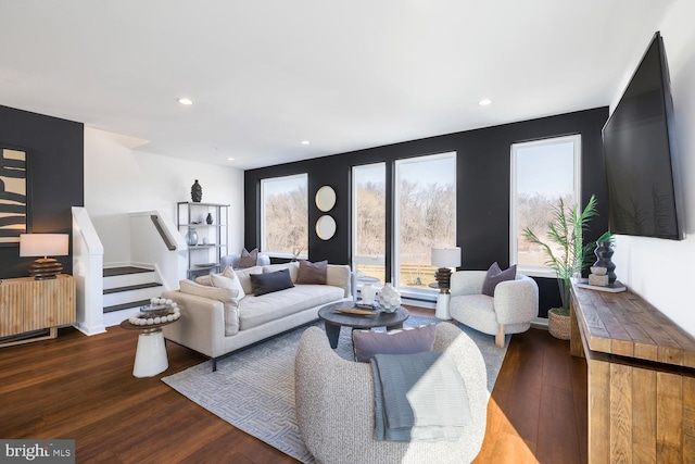 2001 Richmond St Unit 11B, Philadelphia, PA 19125 - living room with wood finished floors, stairway, and recessed lighting